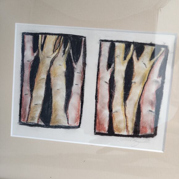 Abstract Tree Trunk Woods Drawing Etched Art MCM Signed Dated Matted Framed - Picture 6 of 11